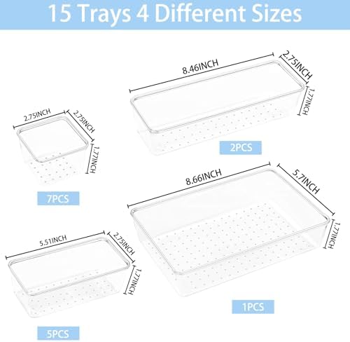 Manalete 15-Piece Clear Plastic Drawer Organizer Set