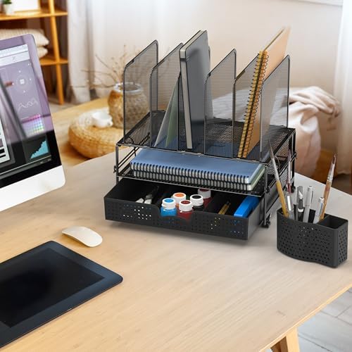 Simple Houseware Mesh Desk Organizer with Sliding Drawer – Black