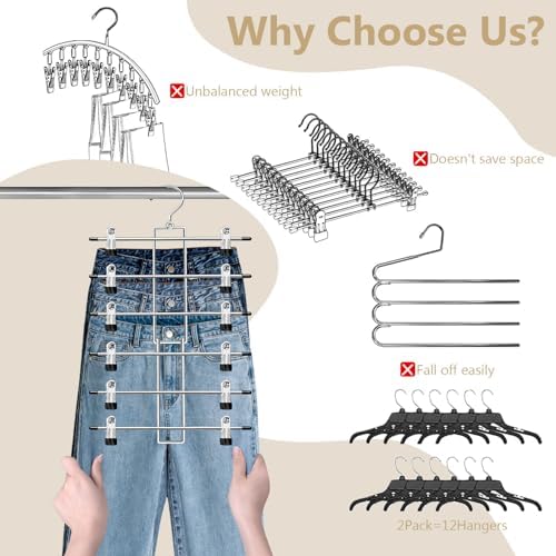 6-Tier Pants Hangers with Clips – Space-Saving Closet Organizer, 2 Pack