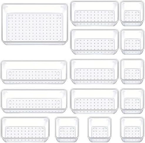 Manalete 15-Piece Clear Plastic Drawer Organizer Set