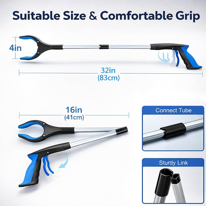 POPDA 32-Inch Foldable Reacher Grabber Tool with Rotating Jaw & Magnet