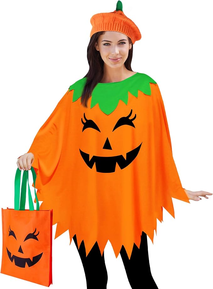 3-Piece Women’s Pumpkin Costume Set – Halloween Poncho, Beret & Candy Bag