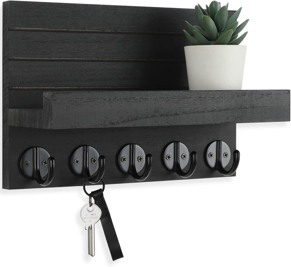 Lwenki Wall-Mount Key & Mail Holder with Shelf, Black