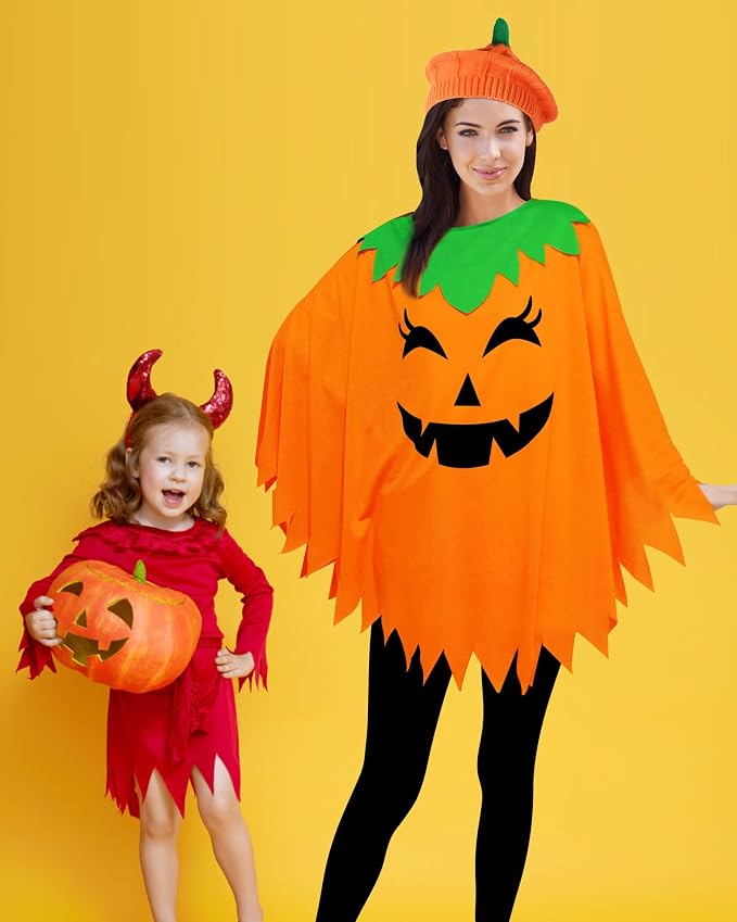 3-Piece Women’s Pumpkin Costume Set – Halloween Poncho, Beret & Candy Bag