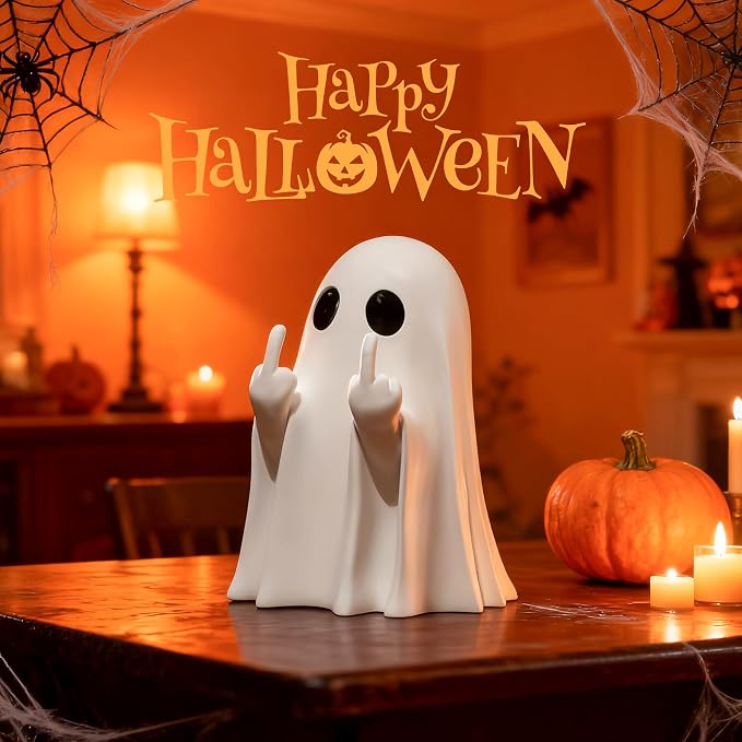 Cute Halloween Ghost Figurine with Bat Balloon – Spooky Tabletop Décor