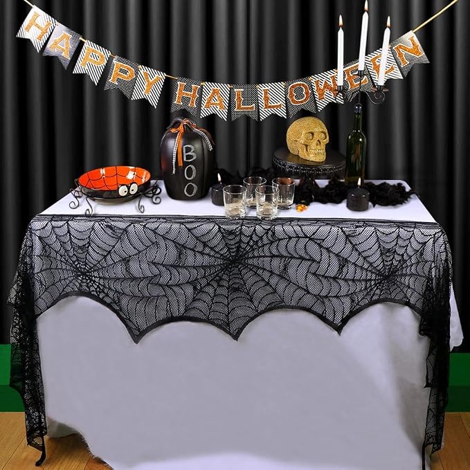 Black Lace Spiderweb Mantel Scarf – Halloween Fireplace Decor