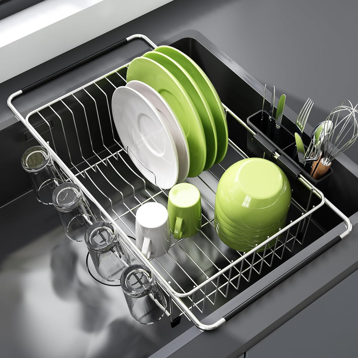 JASIWAY Expandable Dish Drying Rack with Cup & Utensil Holder, Silver