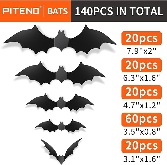 140-Piece 3D Bat Wall Decorations – Halloween Party Décor