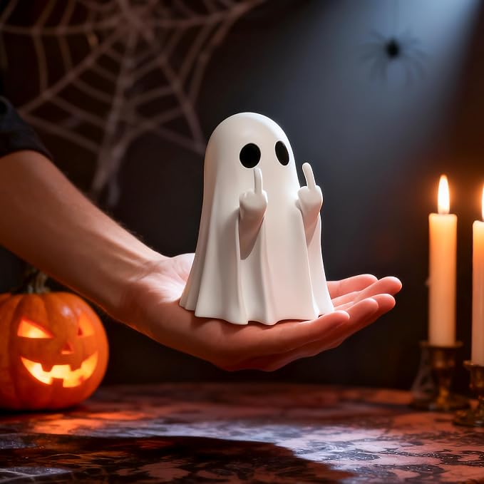 Cute Halloween Ghost Figurine with Bat Balloon – Spooky Tabletop Décor