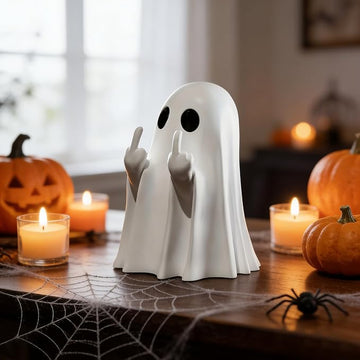 Cute Halloween Ghost Figurine with Bat Balloon – Spooky Tabletop Décor