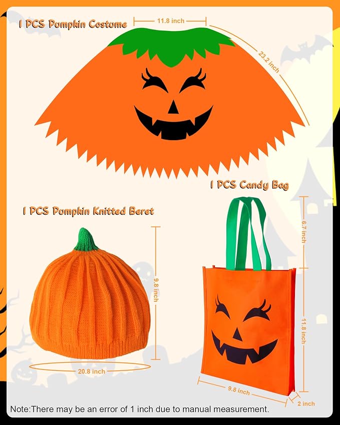 3-Piece Women’s Pumpkin Costume Set – Halloween Poncho, Beret & Candy Bag