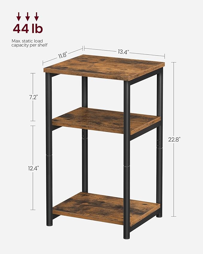 VASAGLE 3-Tier Side Table with Storage Shelves – Rustic Brown & Black