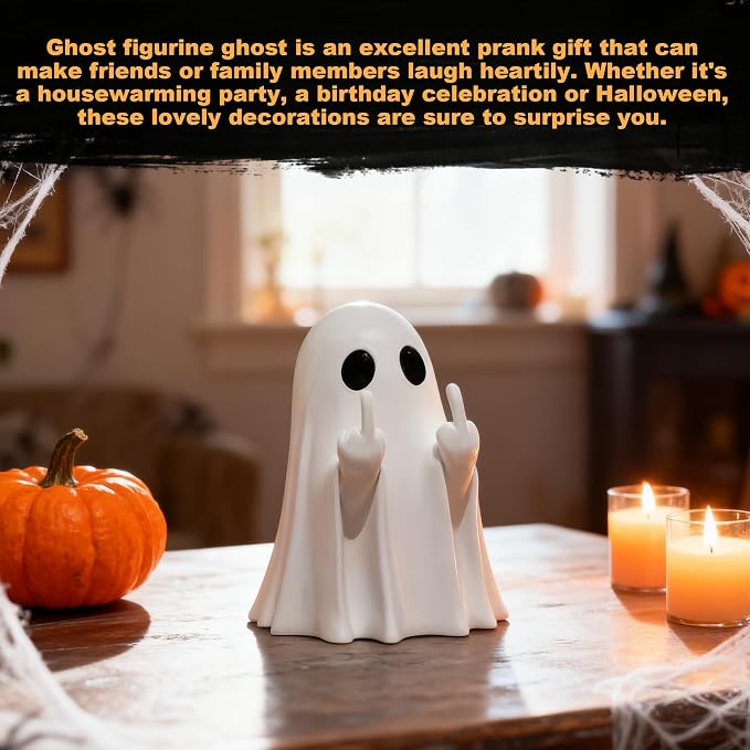 Cute Halloween Ghost Figurine with Bat Balloon – Spooky Tabletop Décor