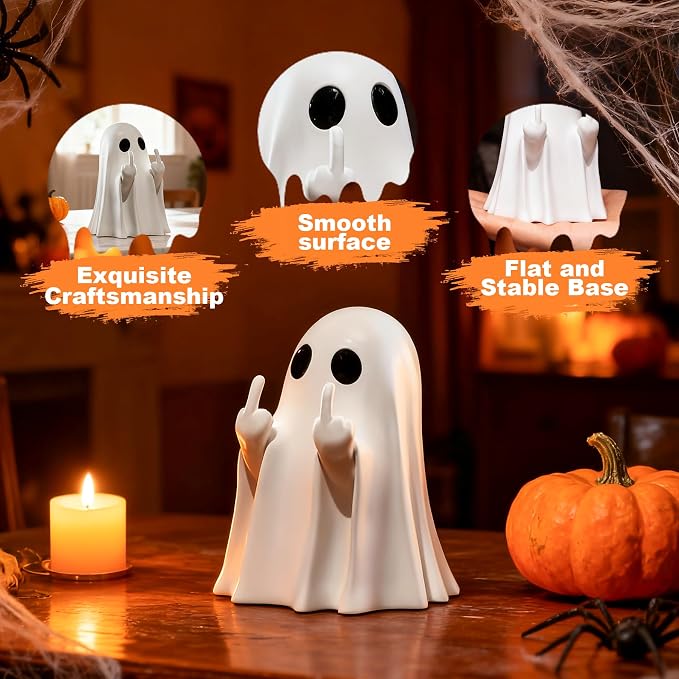 Cute Halloween Ghost Figurine with Bat Balloon – Spooky Tabletop Décor