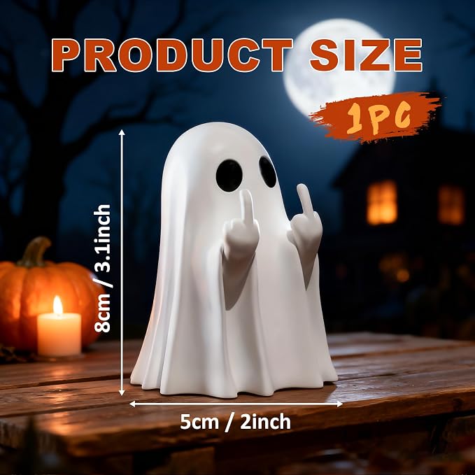 Cute Halloween Ghost Figurine with Bat Balloon – Spooky Tabletop Décor