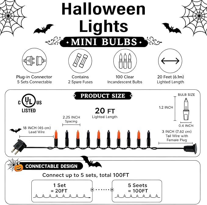 TW SHINE Purple & Orange Halloween String Lights – 20FT, 100 Count