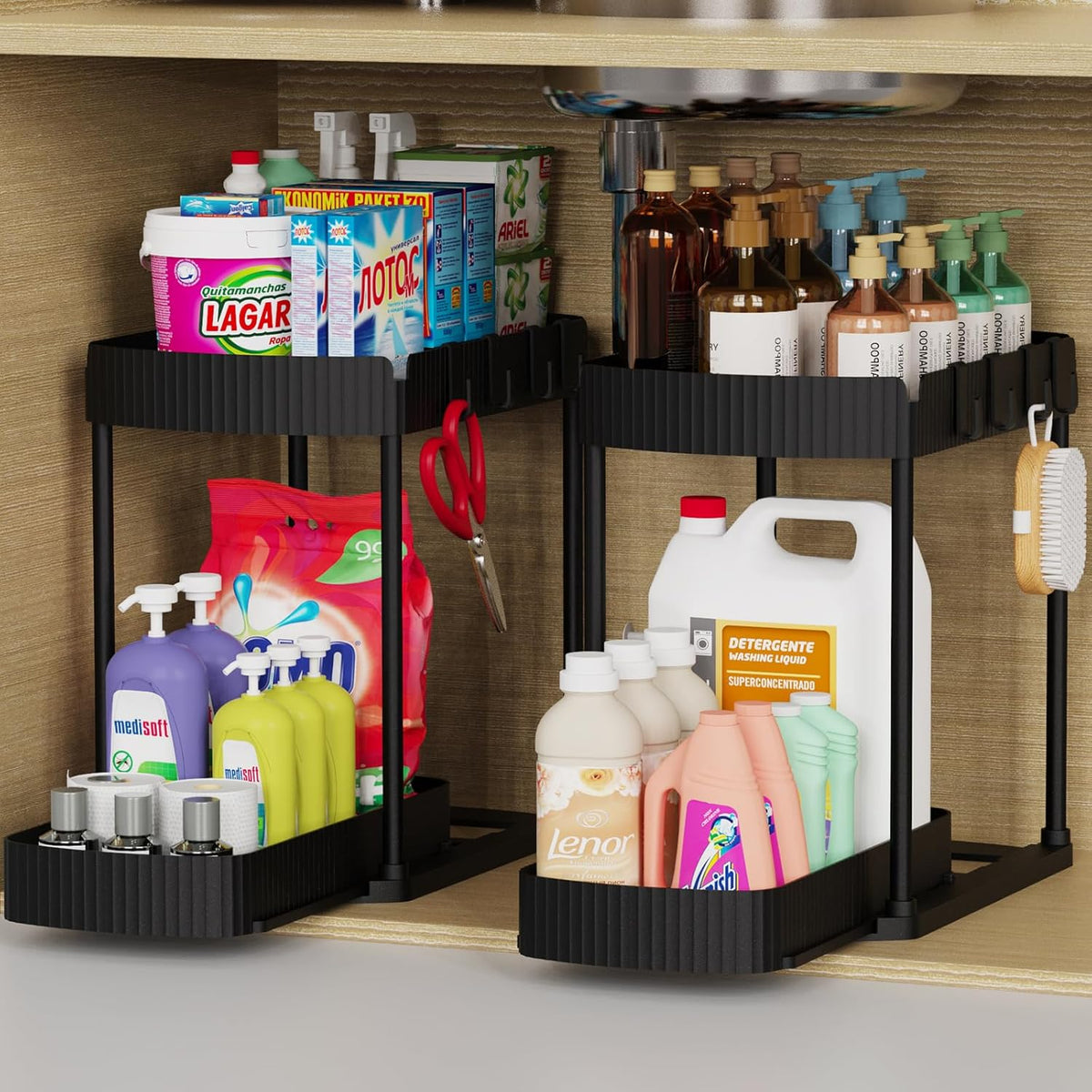 ukeetap 2-Pack Pull-Out Under Sink Organizers, 12.8 in, Black