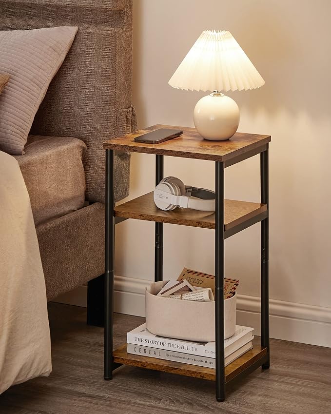 VASAGLE 3-Tier Side Table with Storage Shelves – Rustic Brown & Black