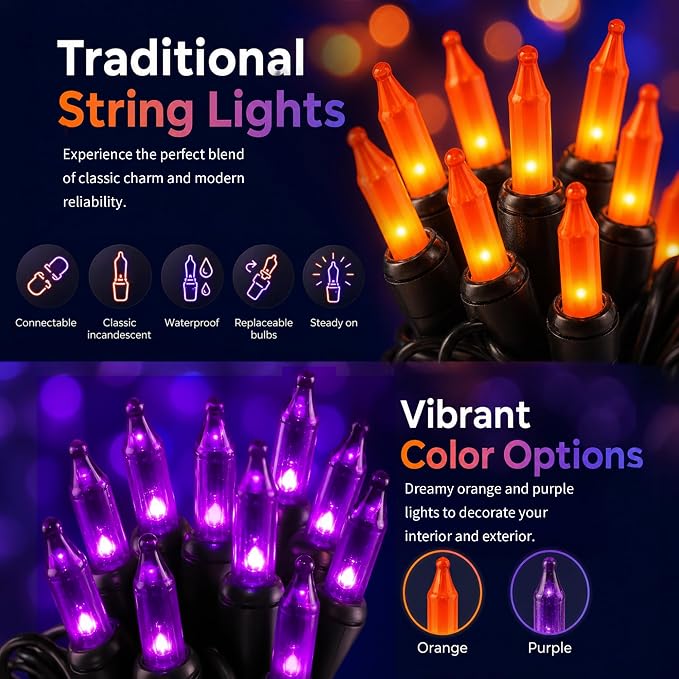TW SHINE Purple & Orange Halloween String Lights – 20FT, 100 Count