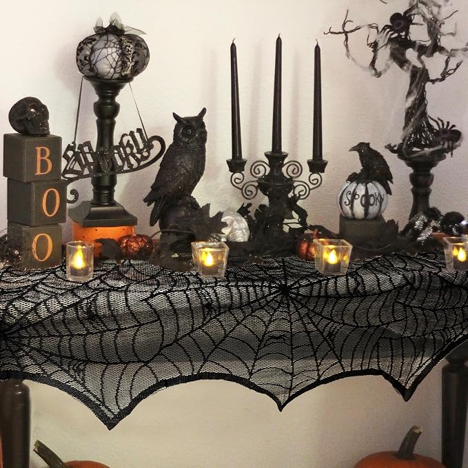 Black Lace Spiderweb Mantel Scarf – Halloween Fireplace Decor