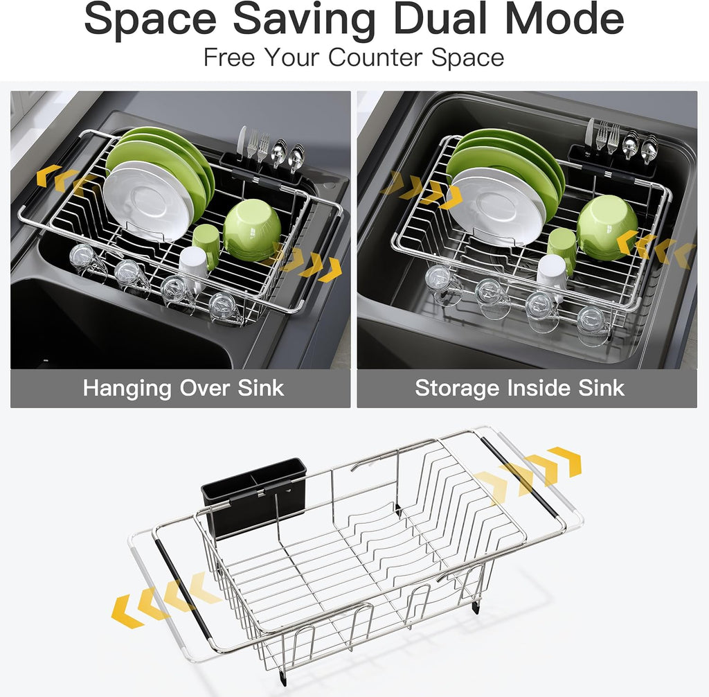 JASIWAY Expandable Dish Drying Rack with Cup & Utensil Holder, Silver - image 2