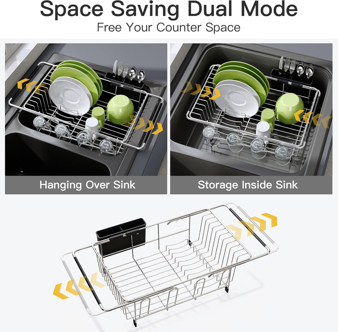 JASIWAY Expandable Dish Drying Rack with Cup & Utensil Holder, Silver