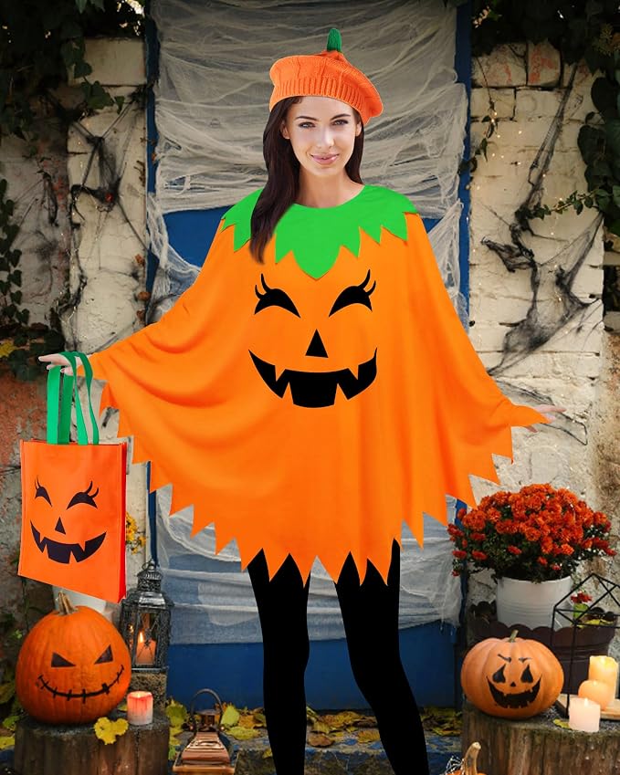 3-Piece Women’s Pumpkin Costume Set – Halloween Poncho, Beret & Candy Bag