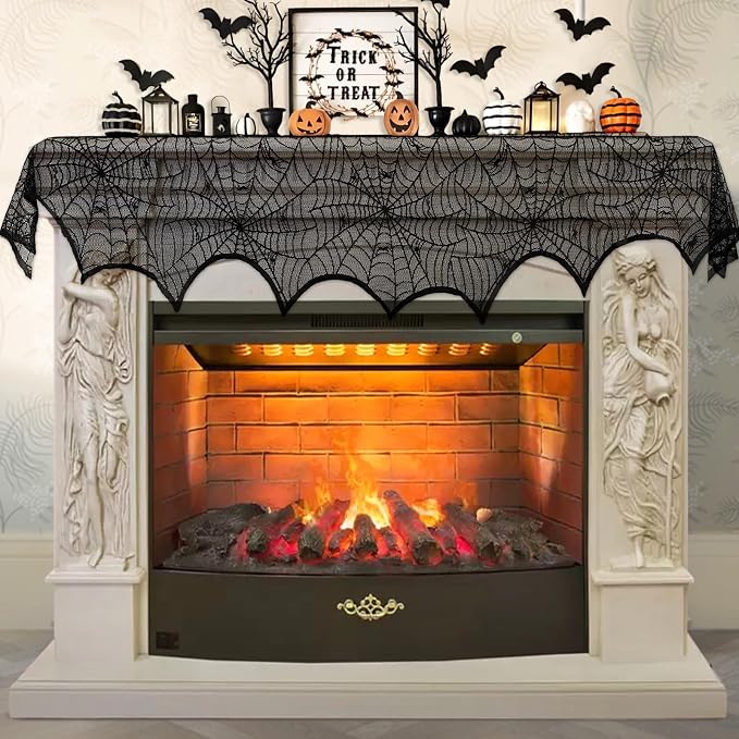 Black Lace Spiderweb Mantel Scarf – Halloween Fireplace Decor