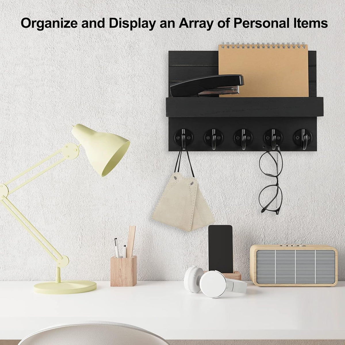 Lwenki Wall-Mount Key & Mail Holder with Shelf, Black - image 5