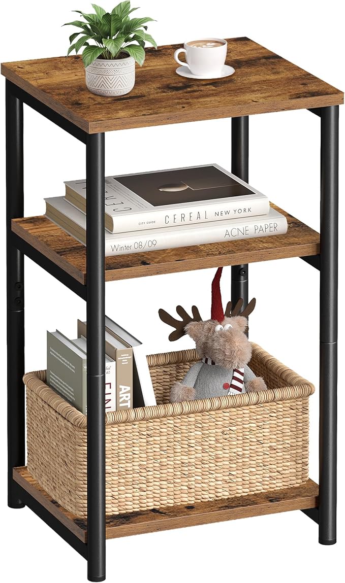 VASAGLE 3-Tier Side Table with Storage Shelves – Rustic Brown & Black