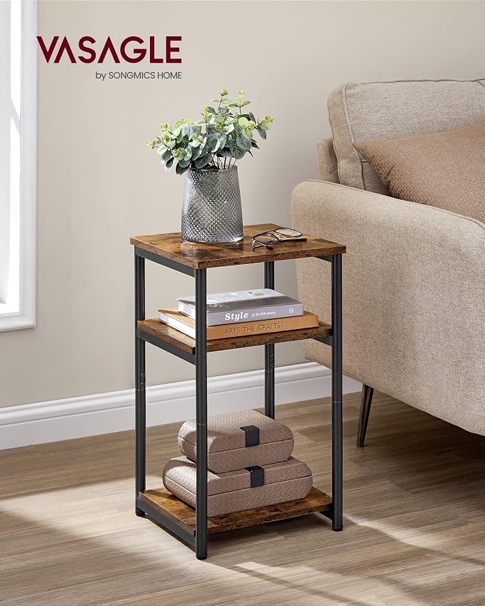 VASAGLE 3-Tier Side Table with Storage Shelves – Rustic Brown & Black