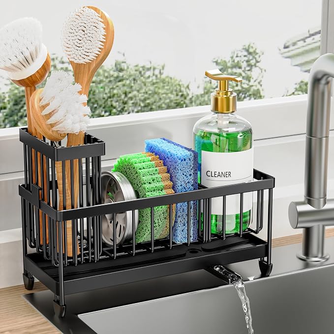 Cisily Kitchen Sink Organizer with Brush Holder – Black