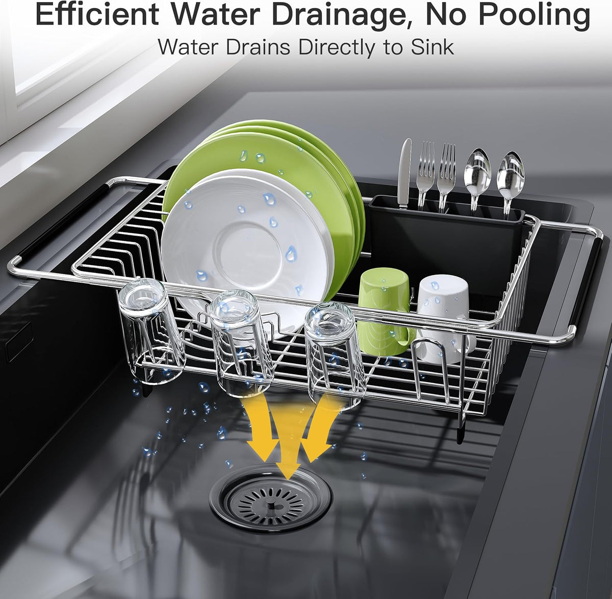 JASIWAY Expandable Dish Drying Rack with Cup & Utensil Holder, Silver - image 6