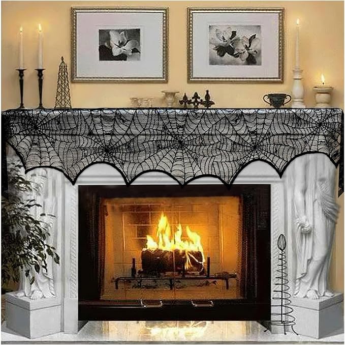 Black Lace Spiderweb Mantel Scarf – Halloween Fireplace Decor