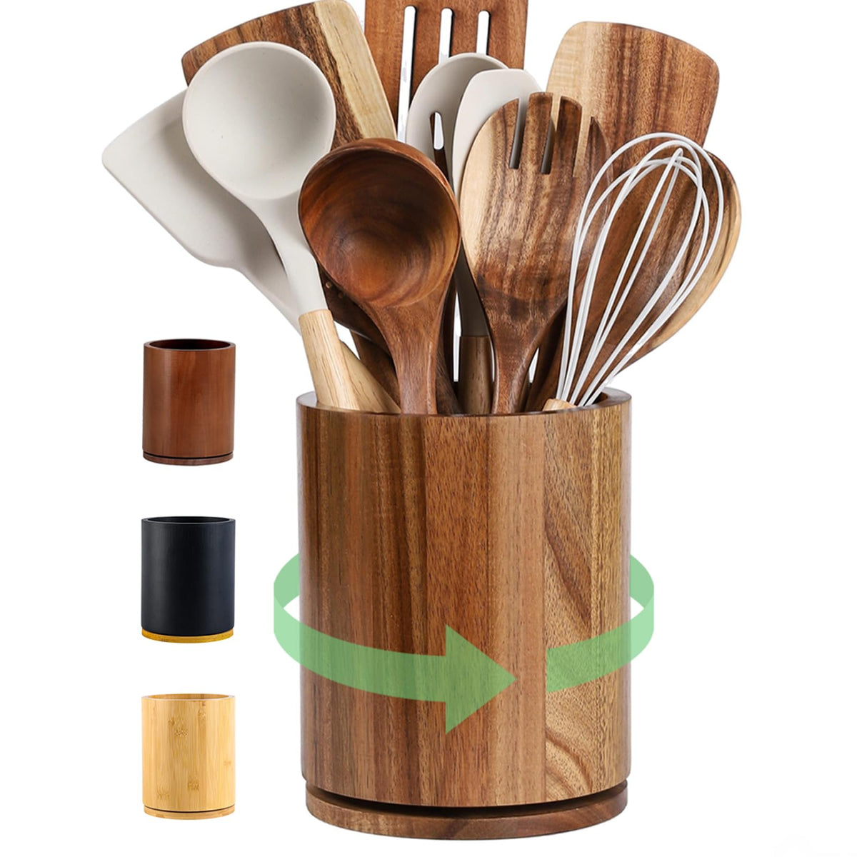 Acacia Wood Utensil Holder – 360° Rotating Kitchen Organizer