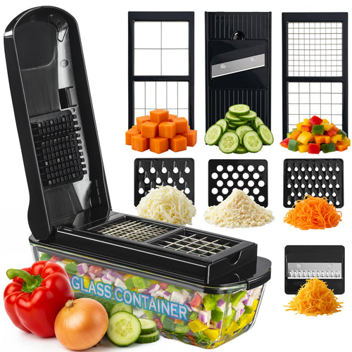 13-in-1 Vegetable Chopper with Glass Container – Manual Food Slicer