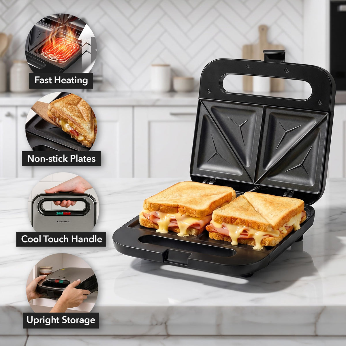 750W Electric Sandwich Maker – Non-Stick Plates, Black