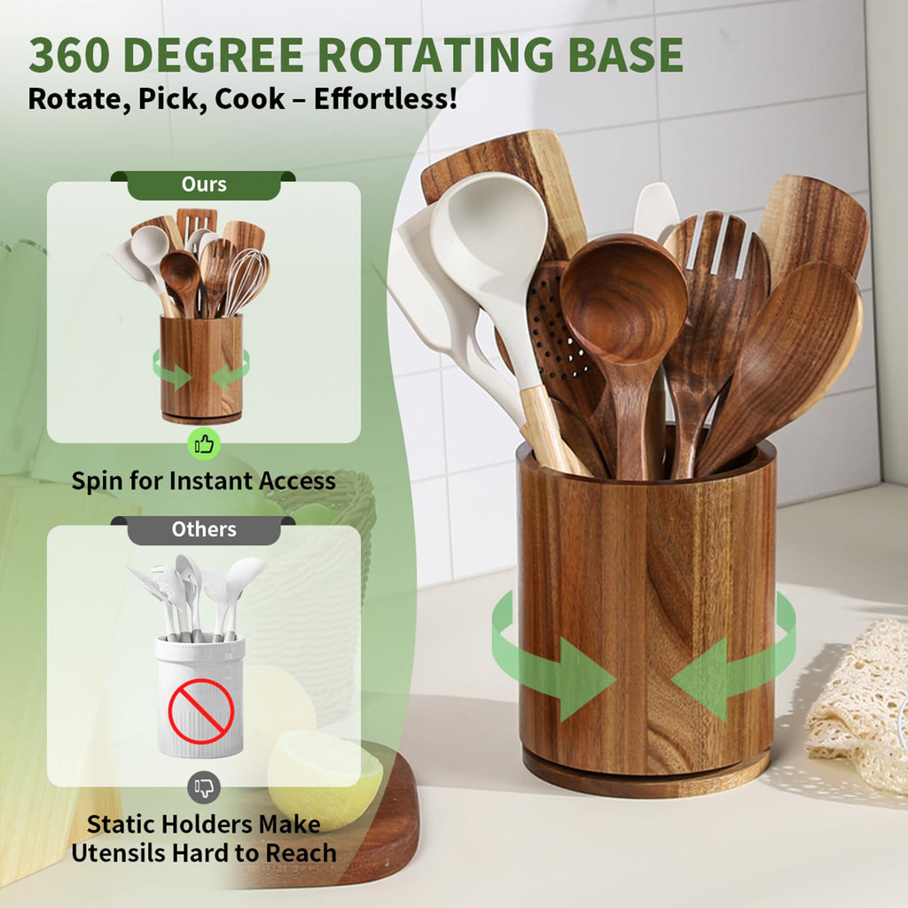 Acacia Wood Utensil Holder – 360° Rotating Kitchen Organizer