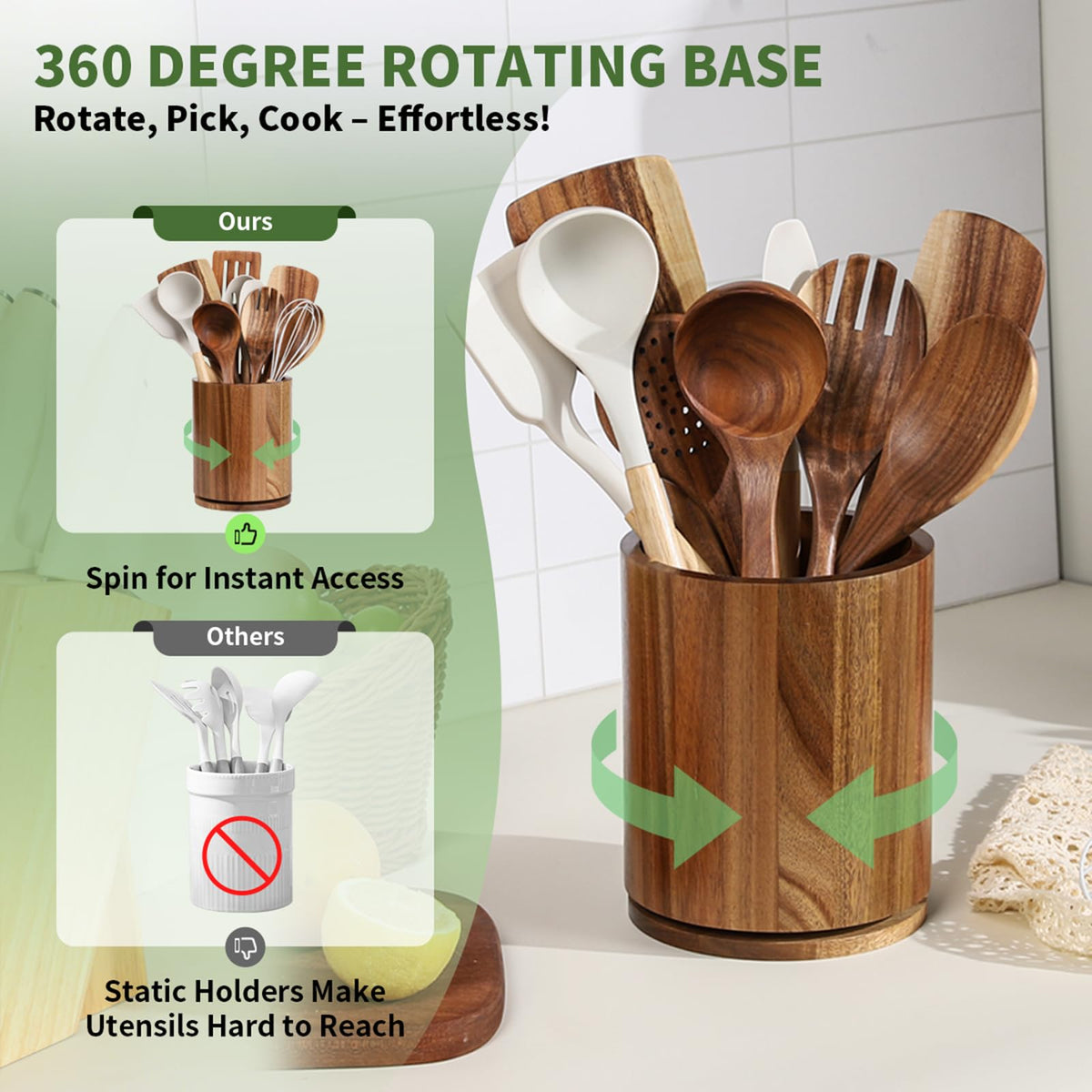 Acacia Wood Utensil Holder – 360° Rotating Kitchen Organizer