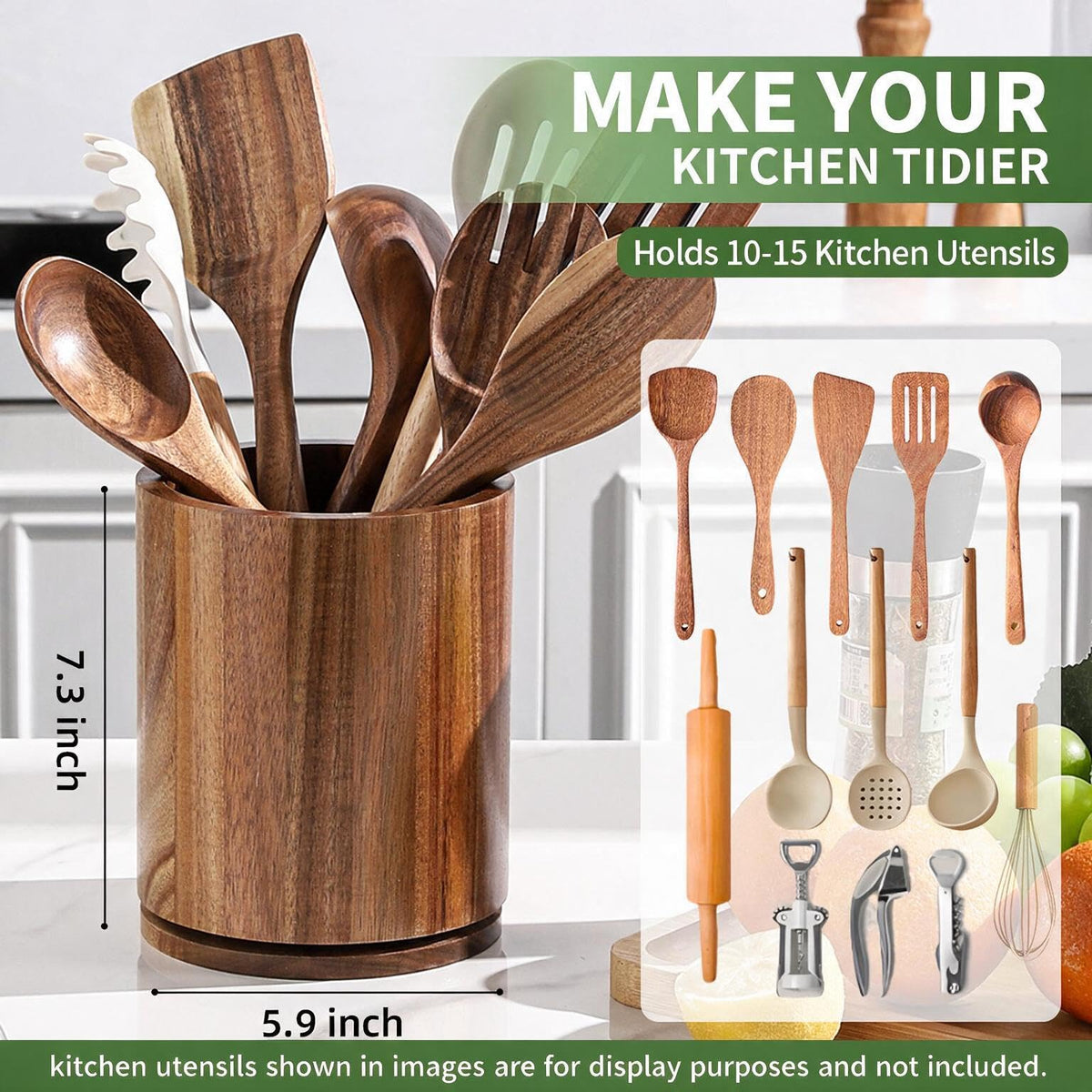 Acacia Wood Utensil Holder – 360° Rotating Kitchen Organizer