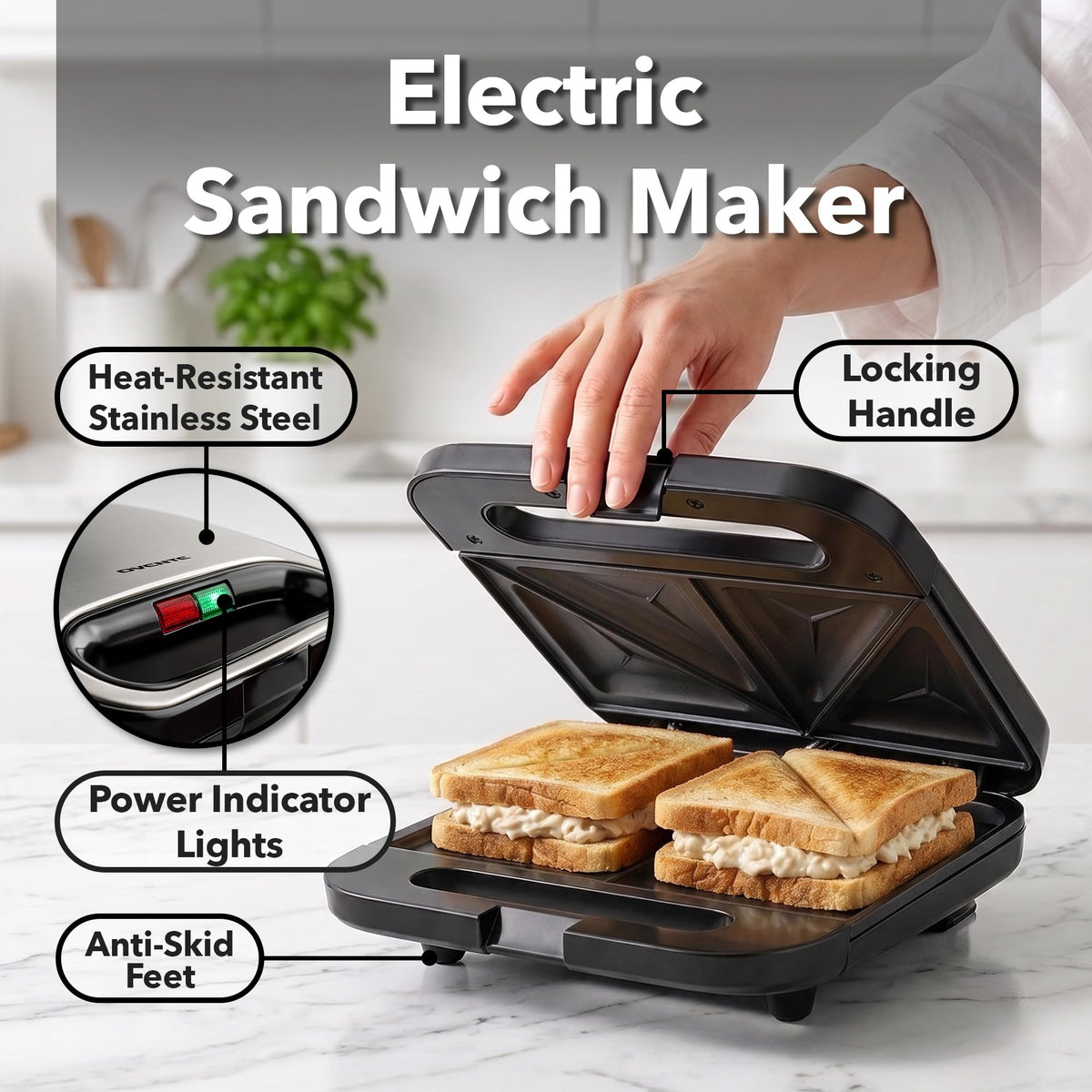750W Electric Sandwich Maker – Non-Stick Plates, Black