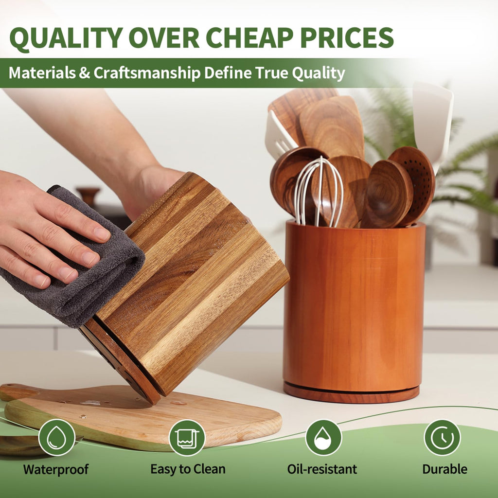 Acacia Wood Utensil Holder – 360° Rotating Kitchen Organizer