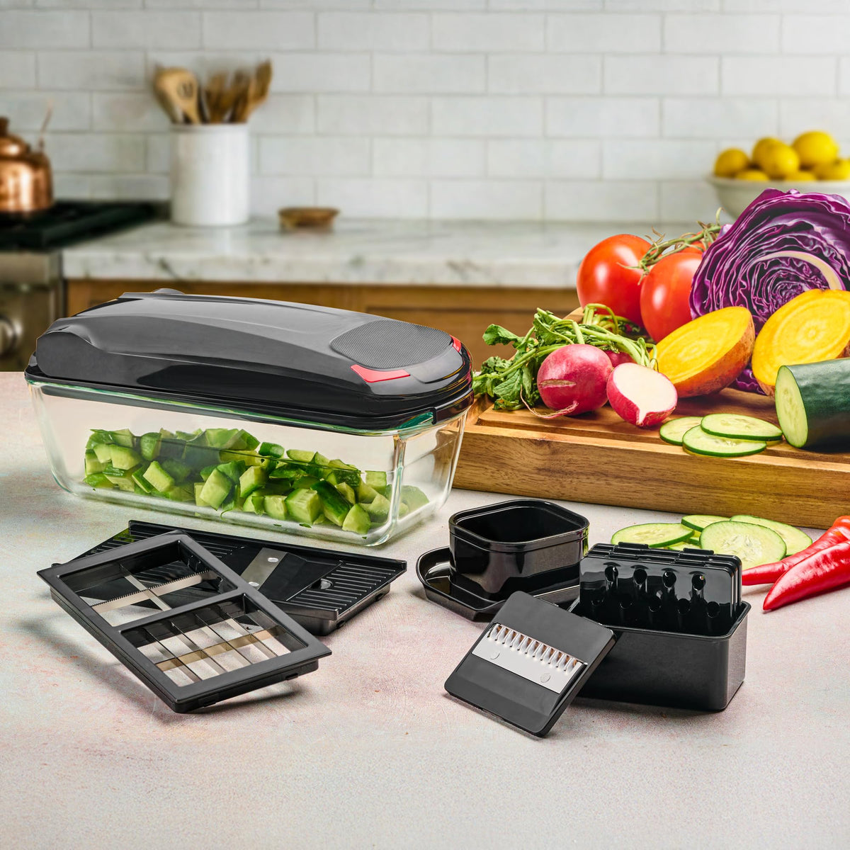 13-in-1 Vegetable Chopper with Glass Container – Manual Food Slicer