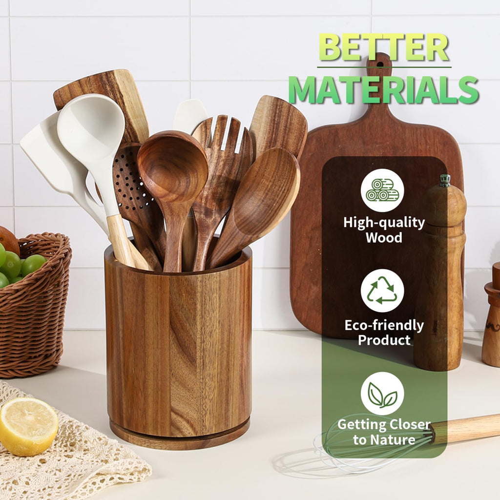 Acacia Wood Utensil Holder – 360° Rotating Kitchen Organizer