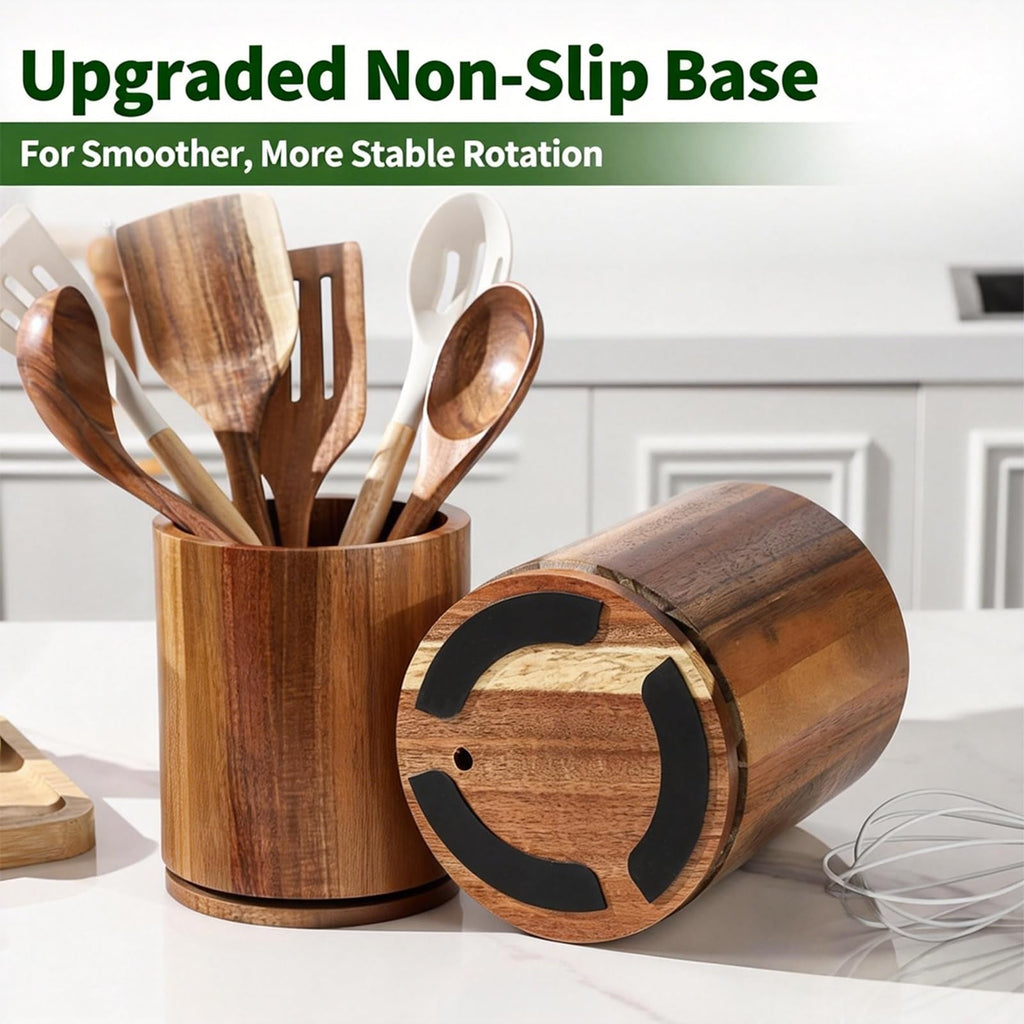 Acacia Wood Utensil Holder – 360° Rotating Kitchen Organizer