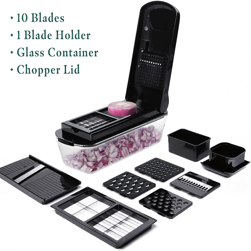 13-in-1 Vegetable Chopper with Glass Container – Manual Food Slicer