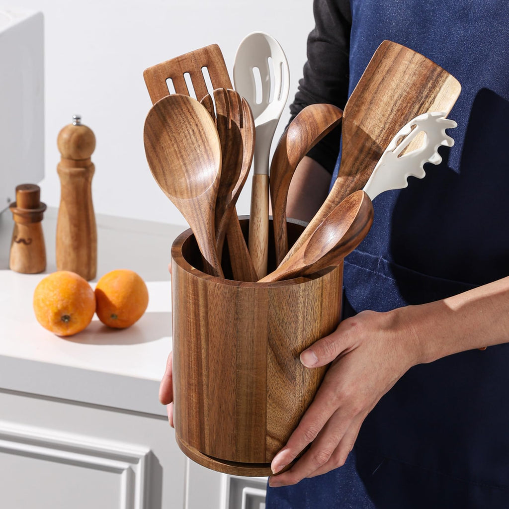 Acacia Wood Utensil Holder – 360° Rotating Kitchen Organizer