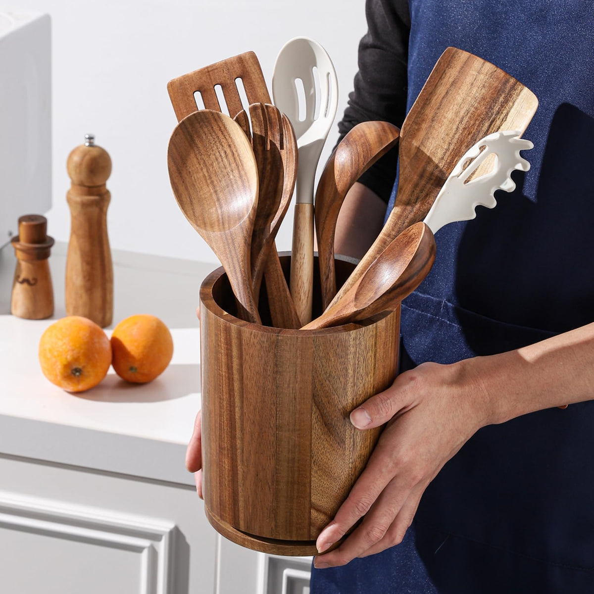 Acacia Wood Utensil Holder – 360° Rotating Kitchen Organizer