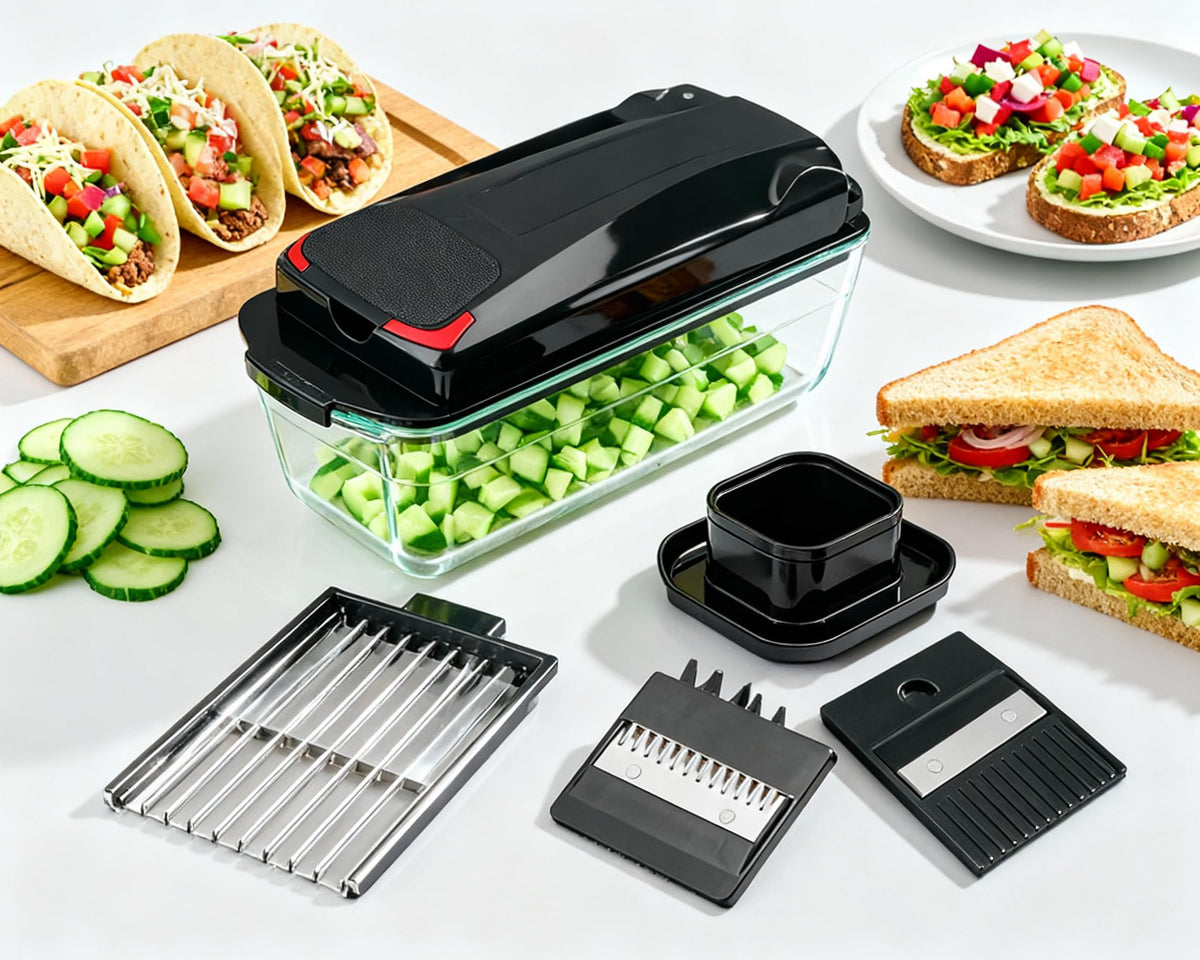 13-in-1 Vegetable Chopper with Glass Container – Manual Food Slicer