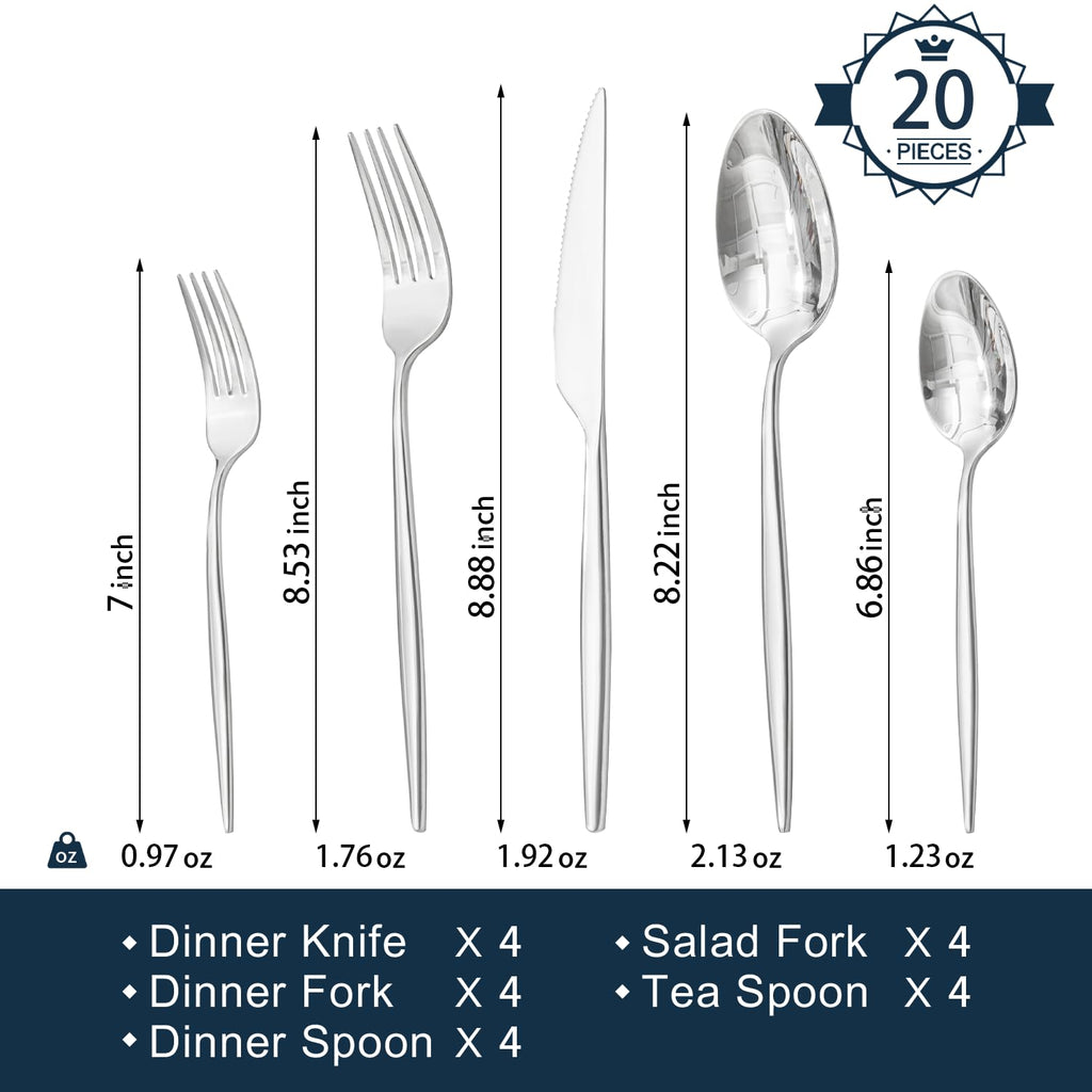 20-Piece Stainless Steel Flatware Set for 4 – 18/10 Silverware